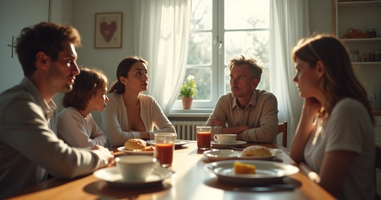 Família em volta da mesa discutindo relações familiares 