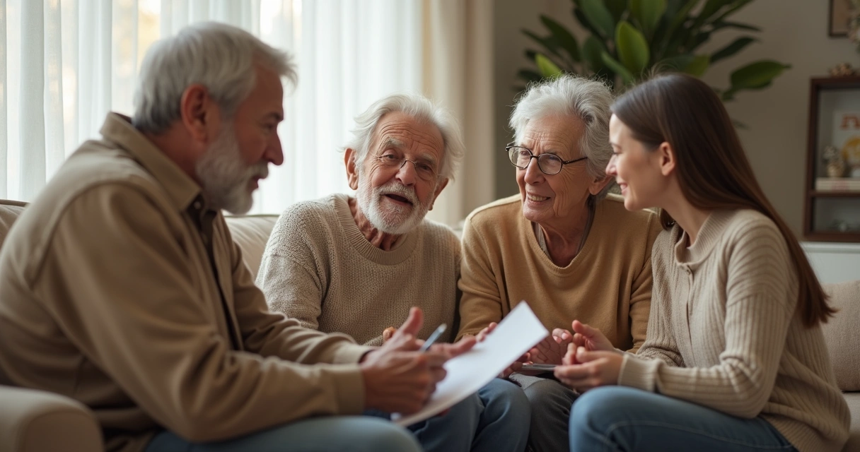 Família reunida com expressão tranquila, discutindo juntos na sala 