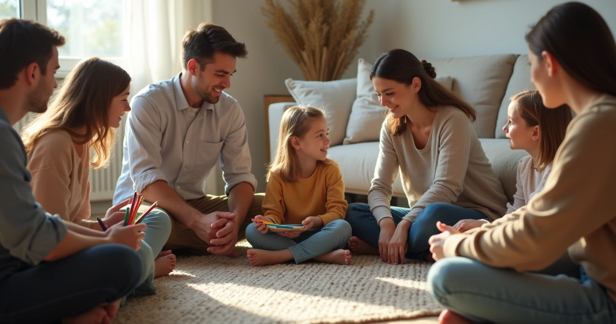 Família conversando em roda na sala de casa 