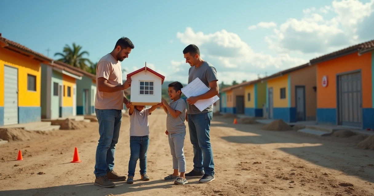 Família em pé em terreno vazio segurando maquete da futura casa 
