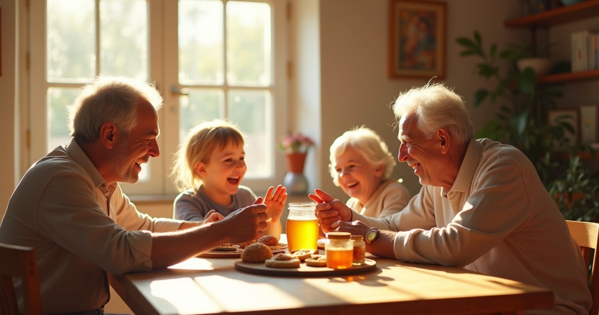 Familia reunida sorrindo ao redor de uma mesa simples. 