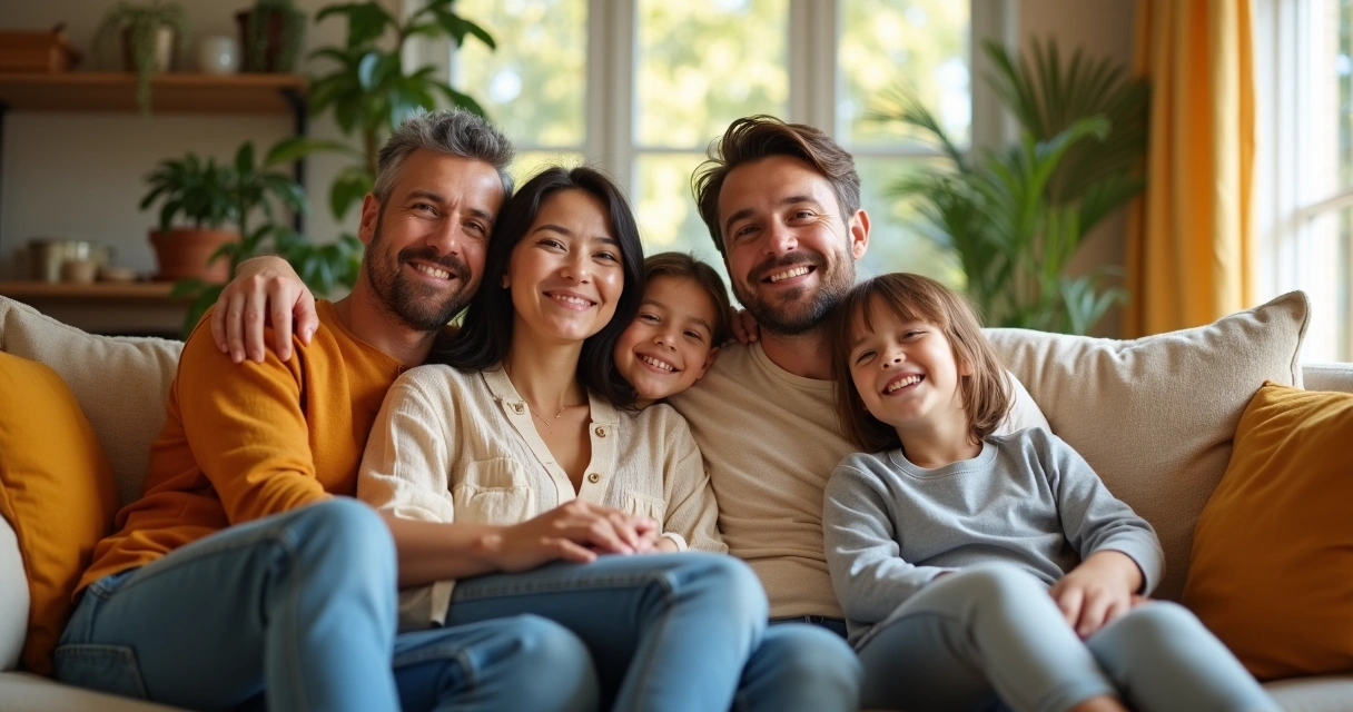 Família unida em ambiente acolhedor simbolizando harmonia após constelação 