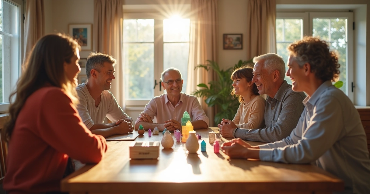 Família sentada à mesa unida e sorridente 