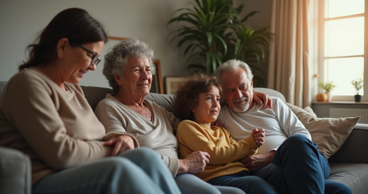 Família reunida no sofá demonstrando tristeza e apoio mútuo 