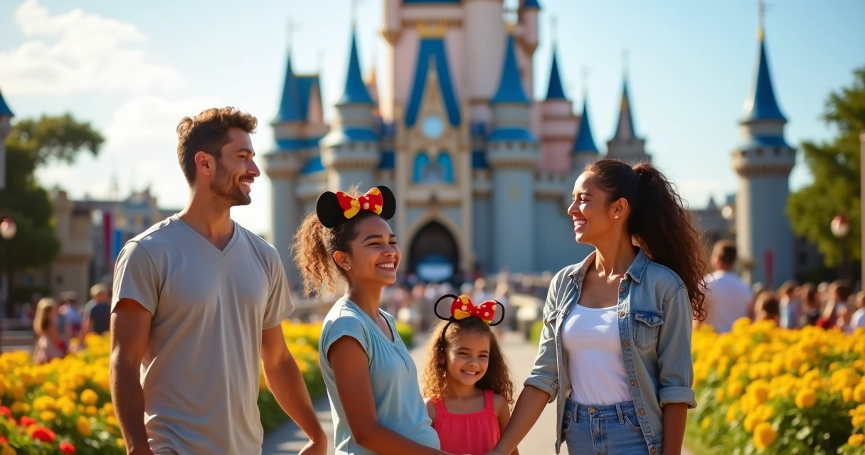 Família sorridente em frente ao Castelo da Cinderela 