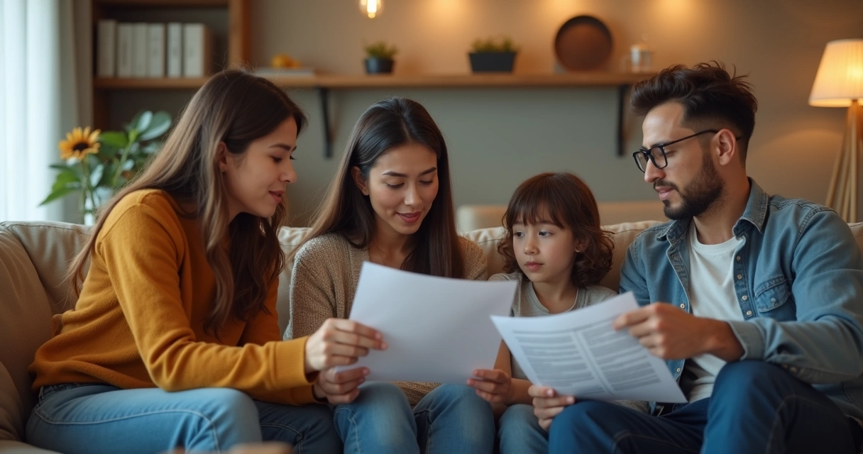 Família em sala de estar moderna discutindo contrato de multipropriedade