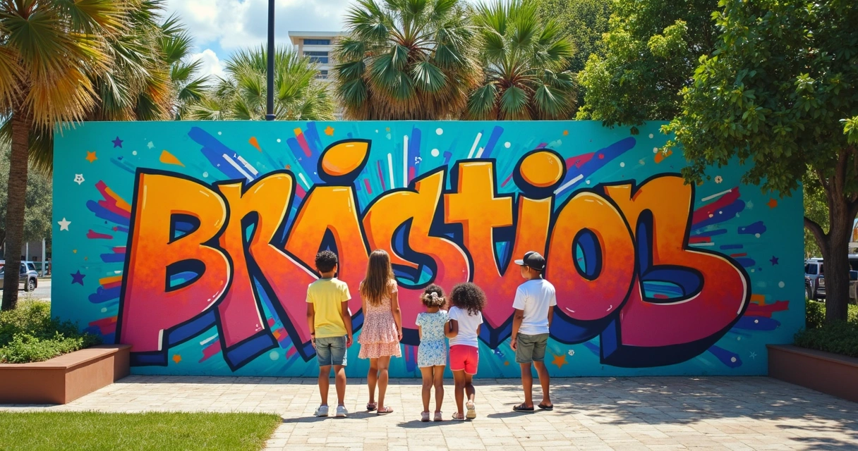 Família apreciando mural de grafite em parque de Orlando 