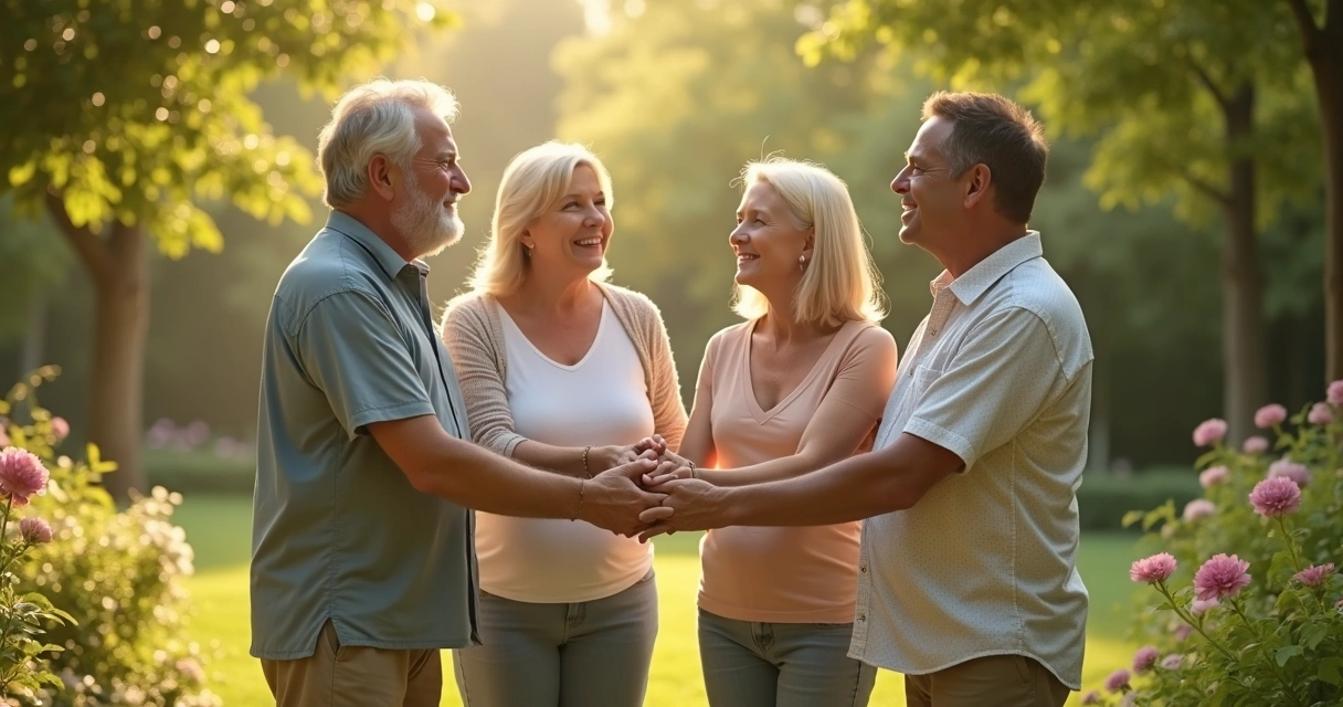 Familia reunida em jardim sorrindo juntos 