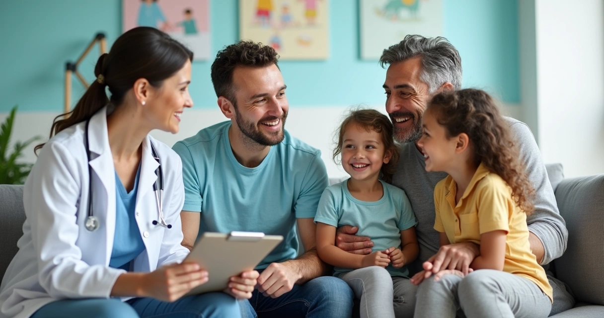 Família sentada em consultório conversando com médica 