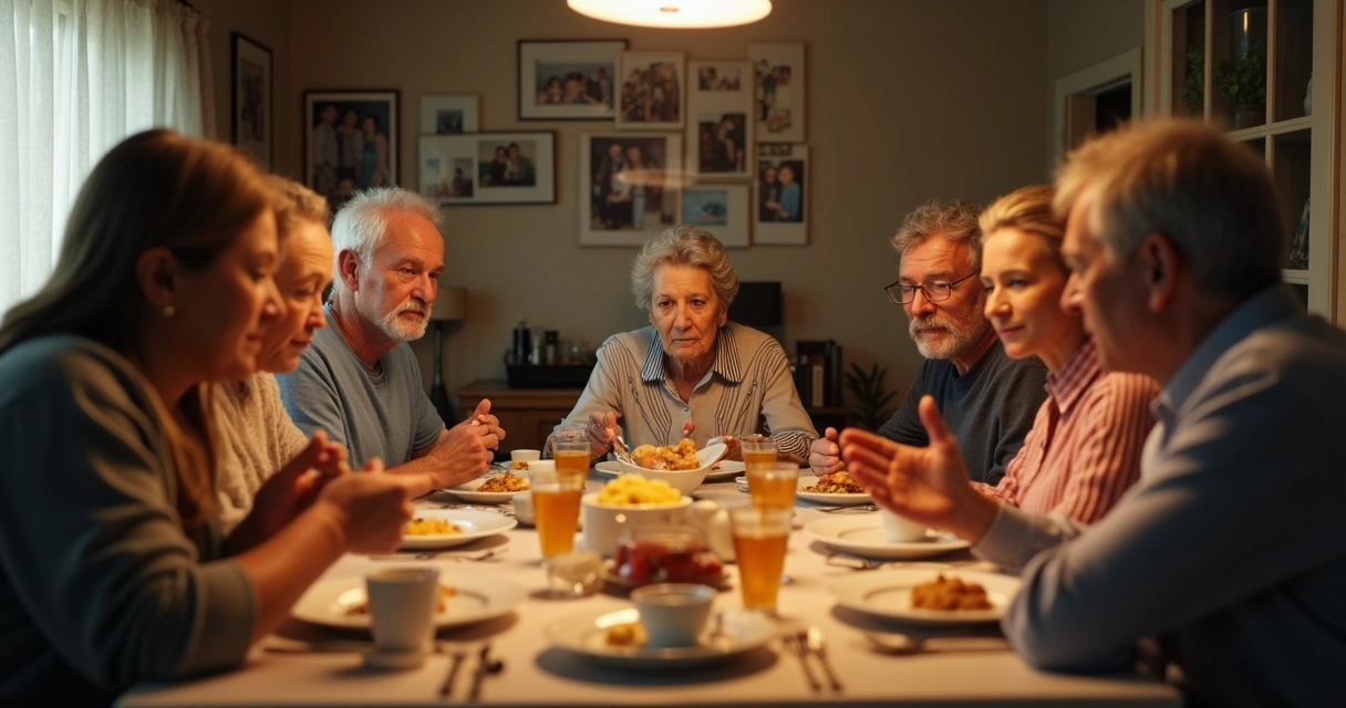 Família reunida em volta da mesa de jantar com expressões sérias. 