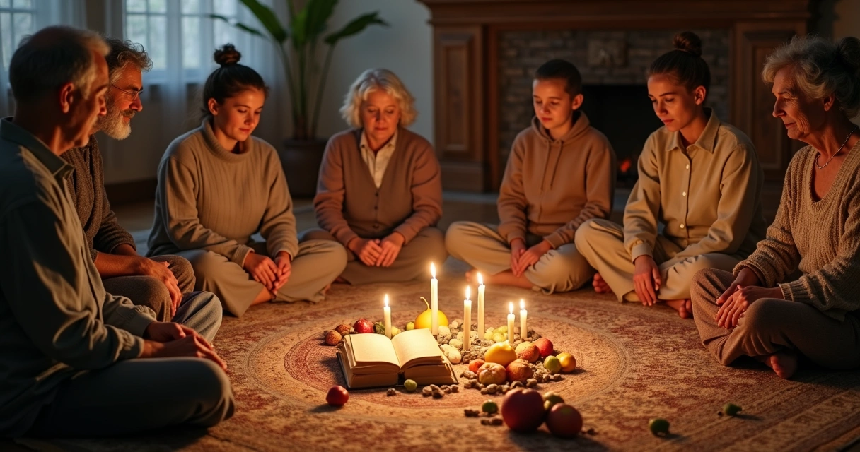 Família reunida em ritual ancestral com objetos antigos e velas 