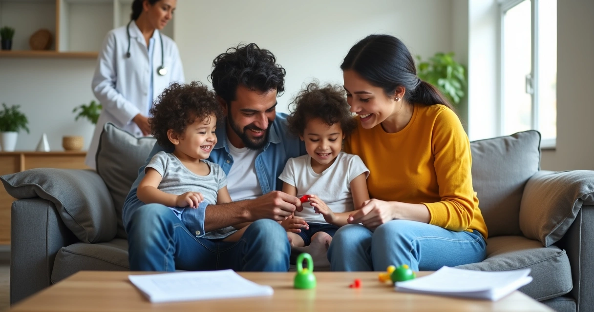 Casal sentado em sofá com duas crianças pequenas em sala de convivência supervisionada, assistente social ao fundo.