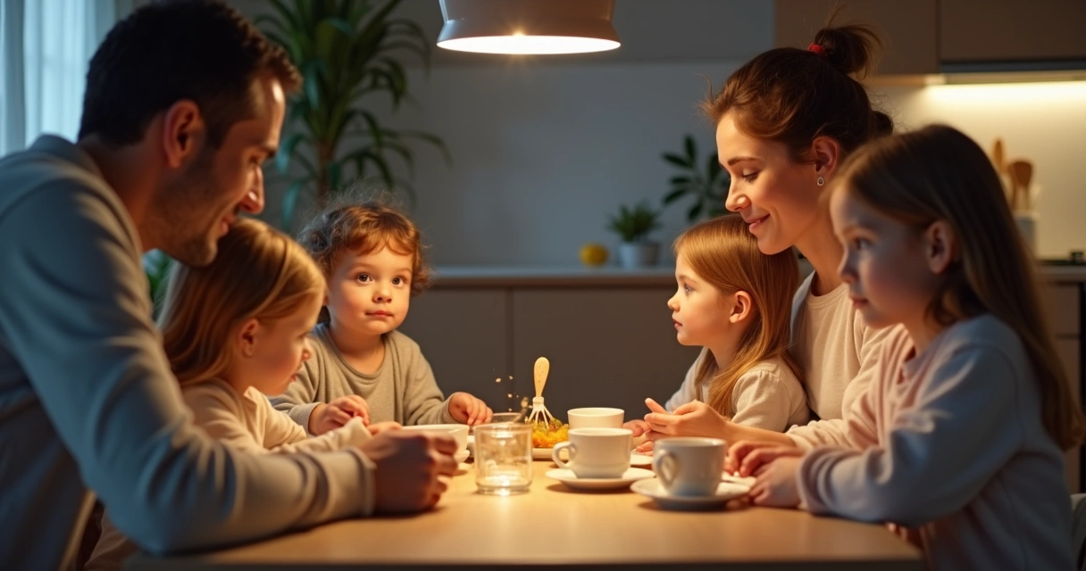 Família reunida em silêncio ao redor da mesa de jantar