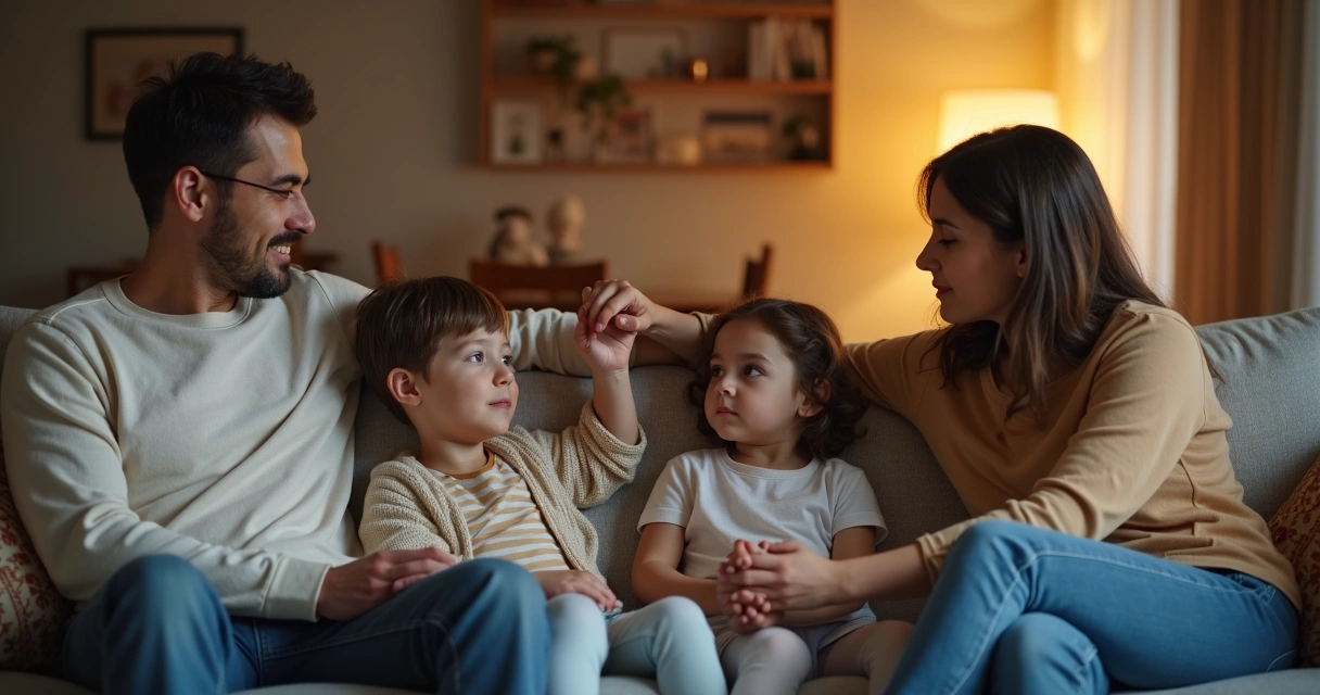 Família sentada junta em silêncio, conectada em harmonia