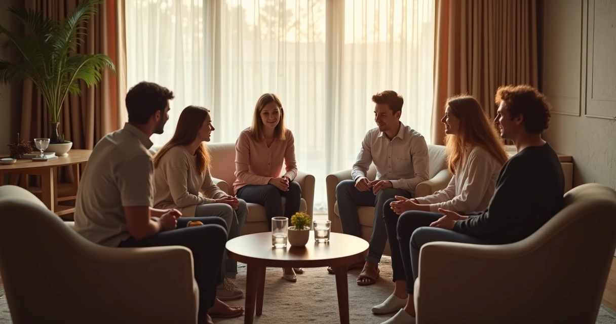 Grupo familiar reunido em roda com terapeuta ao centro