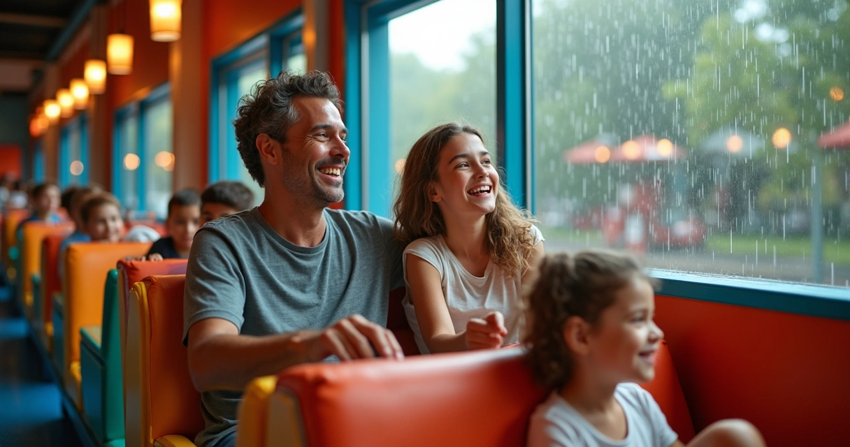 Família aproveitando atividades internas em parque de diversões