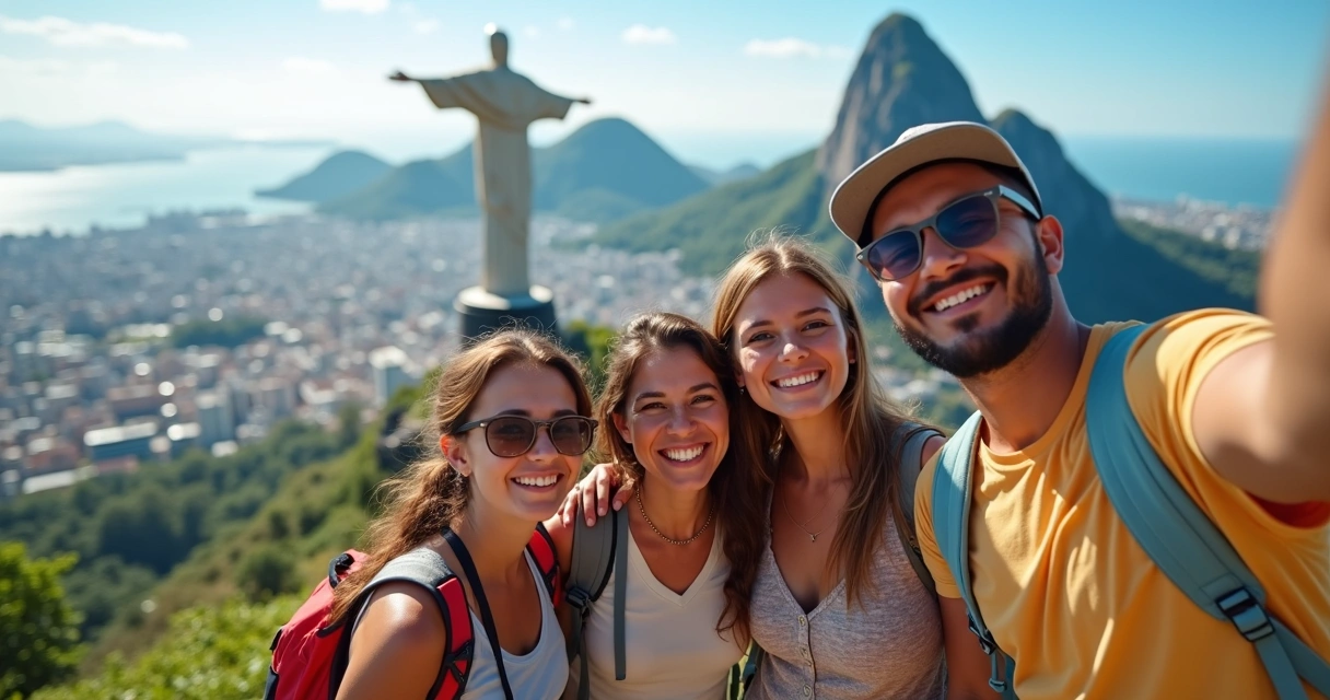 Família tirando foto em frente a ponto turístico brasileiro 