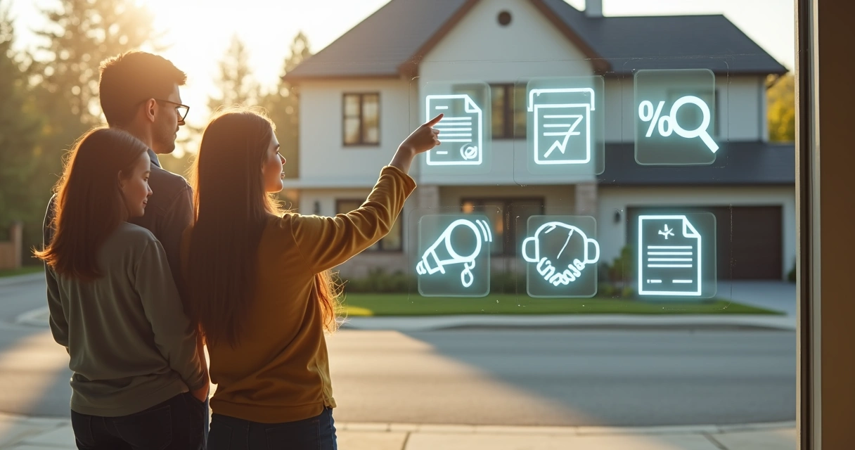Família observando casa à venda com visualização digital de passos da negociação 
