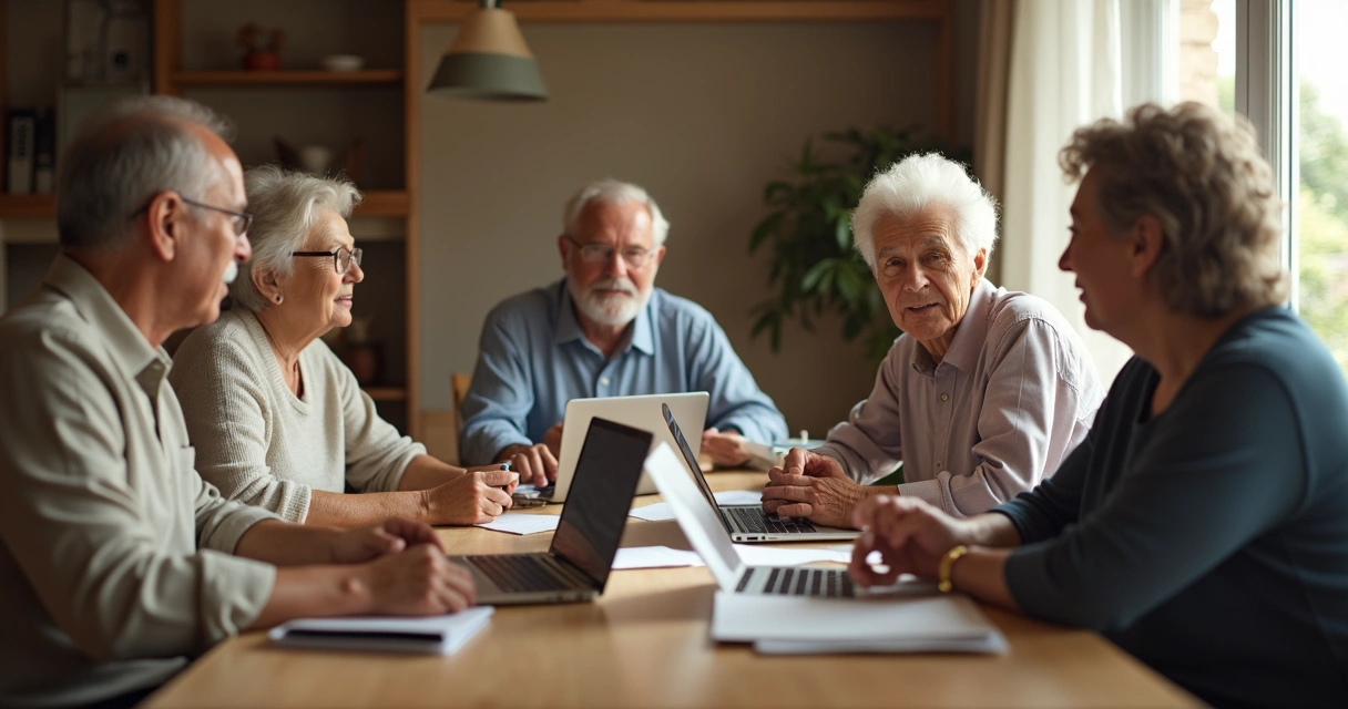 Pessoas de uma família conversando ao redor de uma mesa com folhas de papel e laptops 