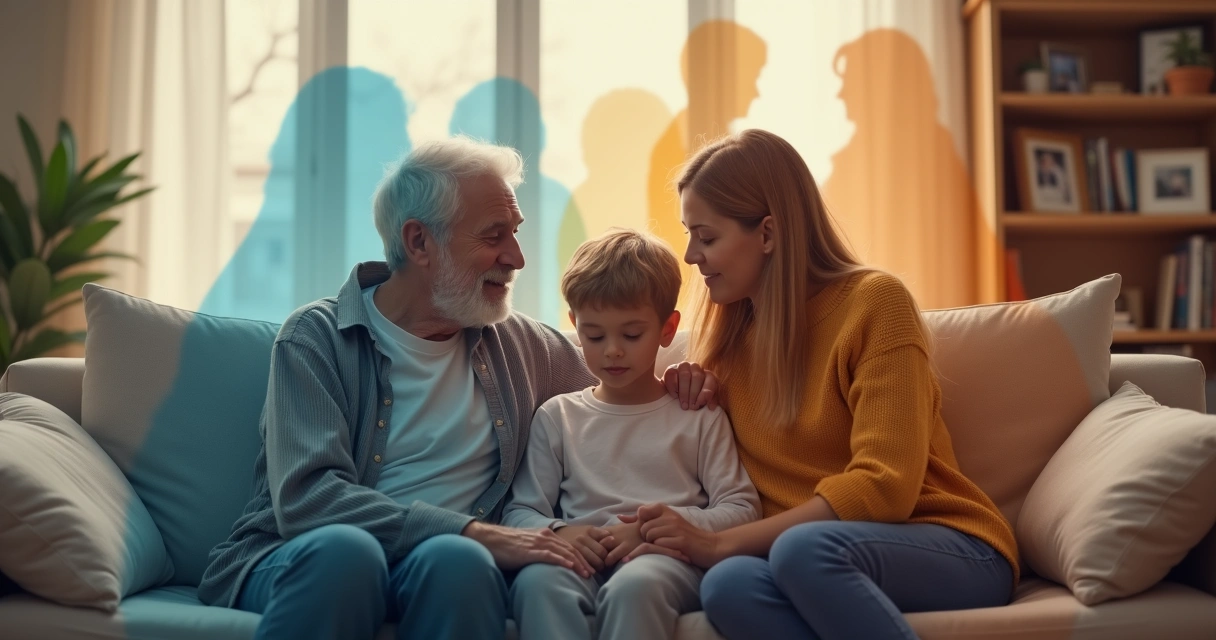 Familia de tres generaciones unida con siluetas superpuestas que simbolizan emociones heredadas 