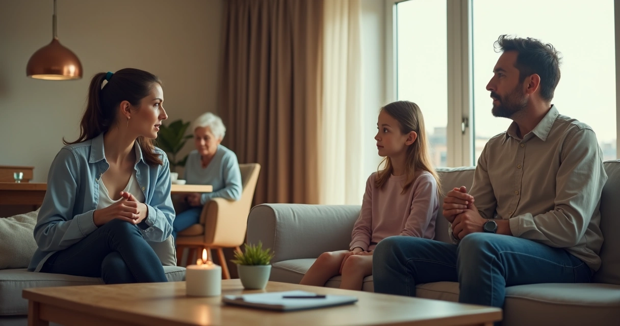 Família em sala de estar lidando com emoções complexas de forma consciente 