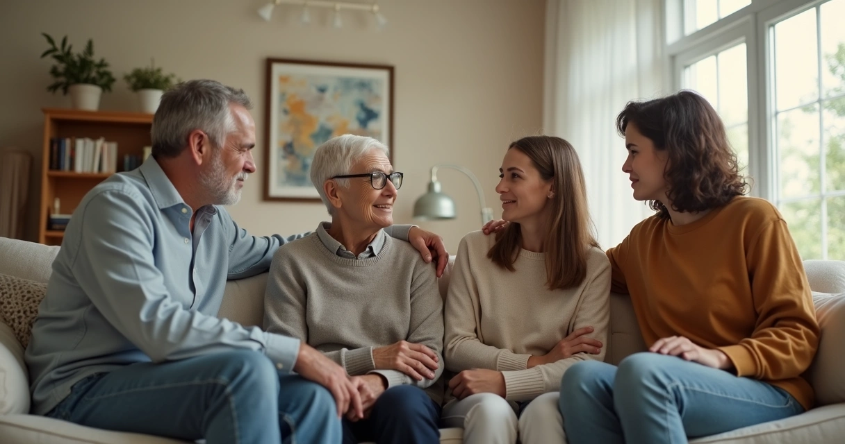 Família sentada no sofá conversando sobre emoções com clima acolhedor 