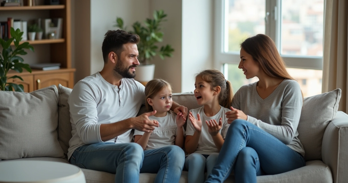 Família sentada na sala de estar lidando com emoções intensas de forma acolhedora 