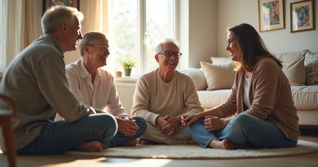 Três pessoas sentadas em círculo em casa, sorrindo e conversando em interação afetuosa