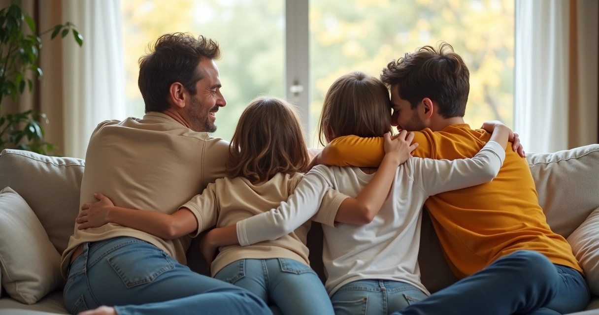 Familia mostrando apoyo empático con abrazos 