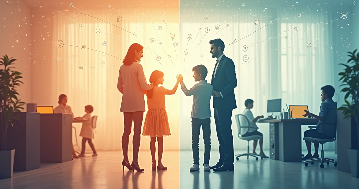 Três pessoas representando família e negócio conectados por linhas simbólicas 