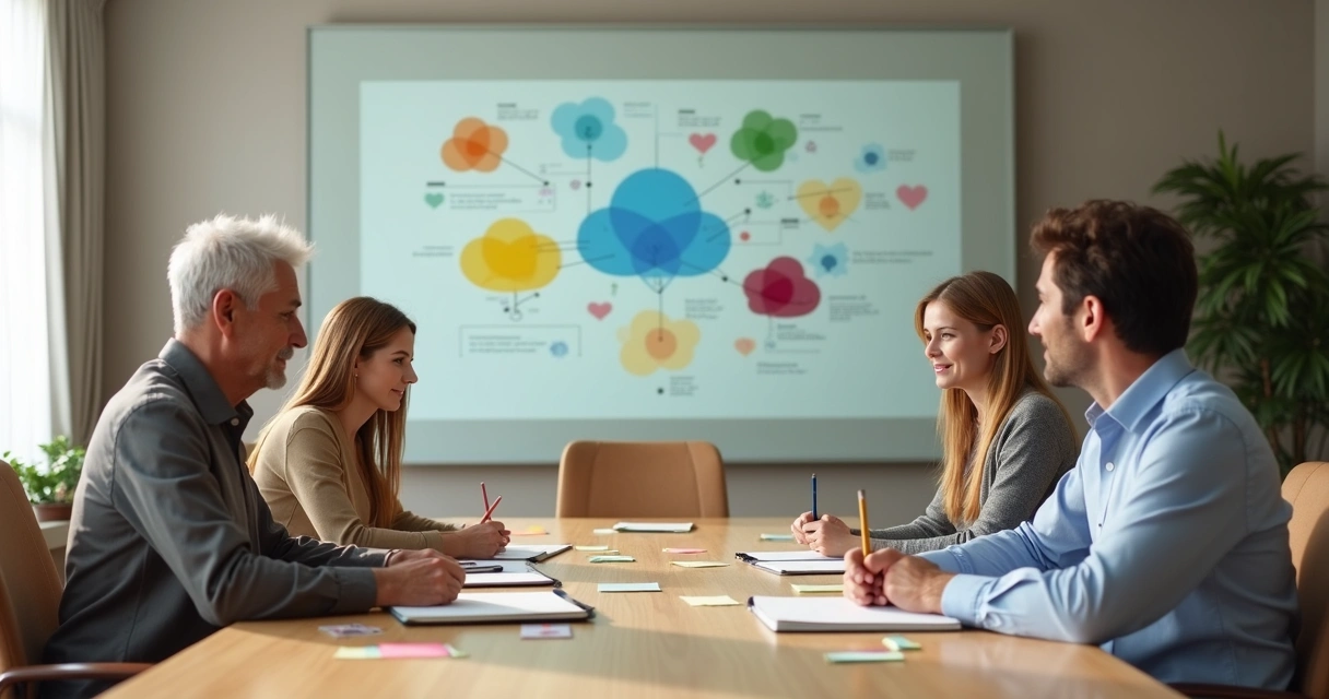 Família empresária em sala de reunião com mosaico de emoções projetado na parede 