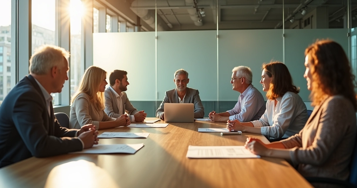 Grupo familiar em reunião numa sala de conferências empresariais. 