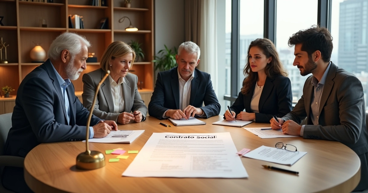 Família empresária reunida revisando contrato social em escritório elegante 