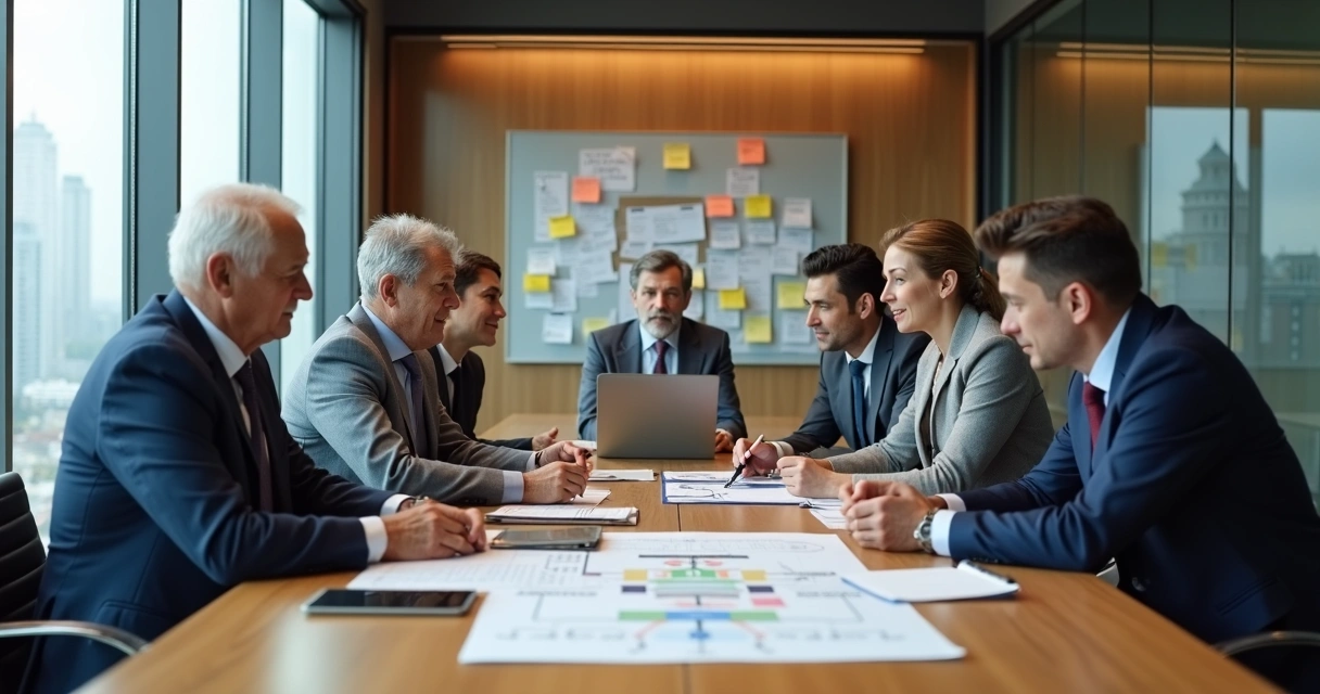 Família empresária em reunião de sucessão ao redor da mesa de conferência 