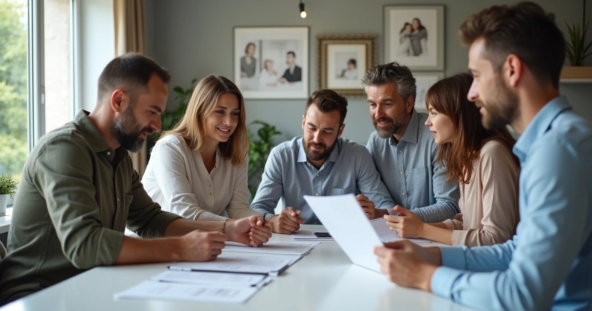 Pessoas em reunião familiar ao redor de uma mesa, discutindo documentos empresariais