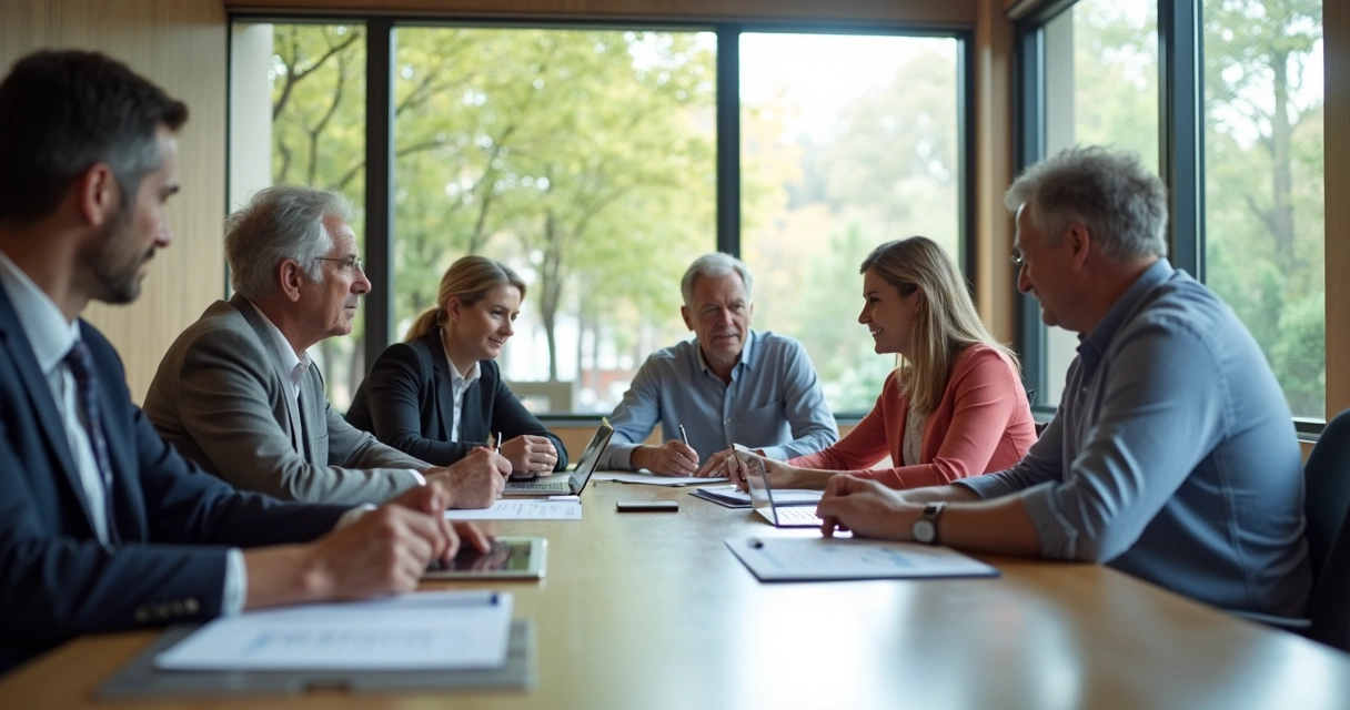 Grupo de família empresarial em volta de mesa discutindo questões do negócio com expressão séria e envolvida. 