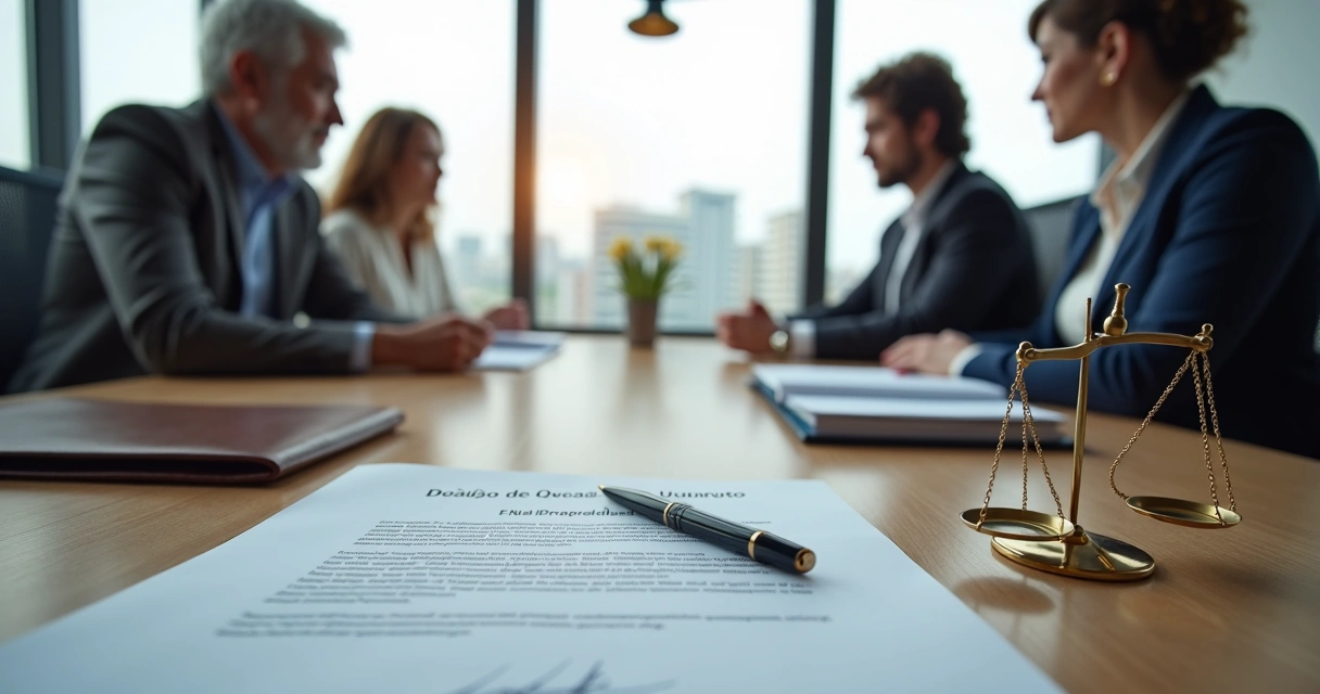 Contrato de doação de quotas sobre mesa, com família empresária ao fundo 