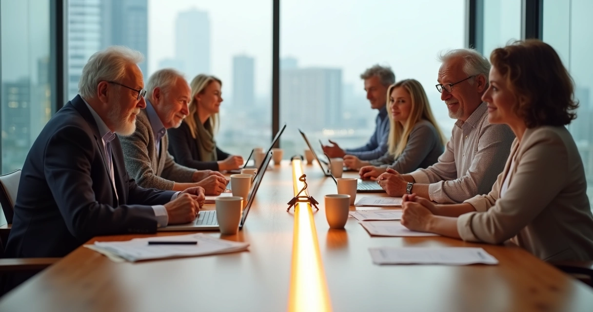 Reunión de familia empresarial separada por una línea simbólica en la mesa 