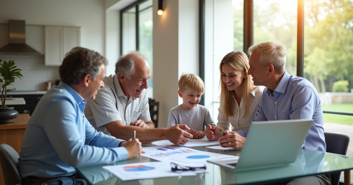 Família reunida analisando documentos de planejamento sucessório em sala moderna 