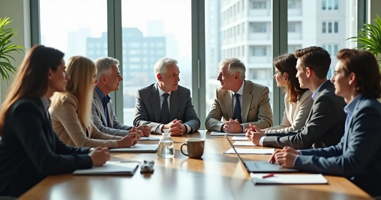 Familia empresarial em reuniao harmoniosa ao redor de mesa de madeira 