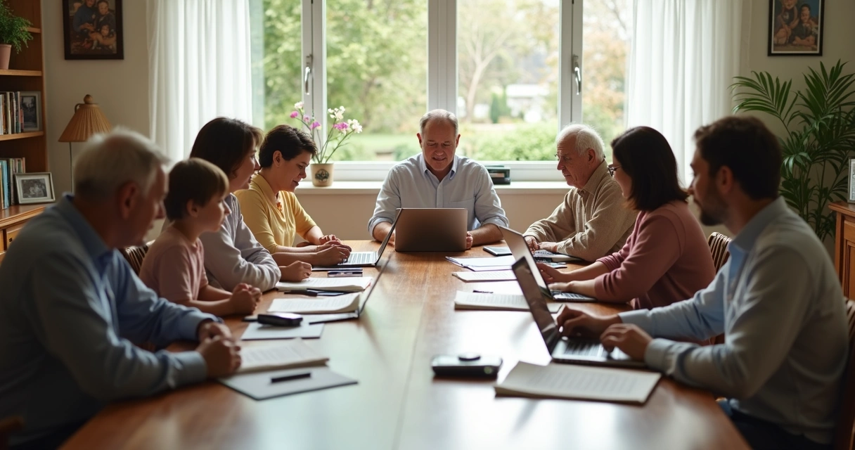 Família reunida ao redor de uma mesa de reunião discutindo negócios.