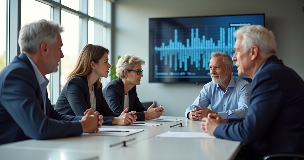 Família reunida em sala de reunião discutindo estratégia empresarial 