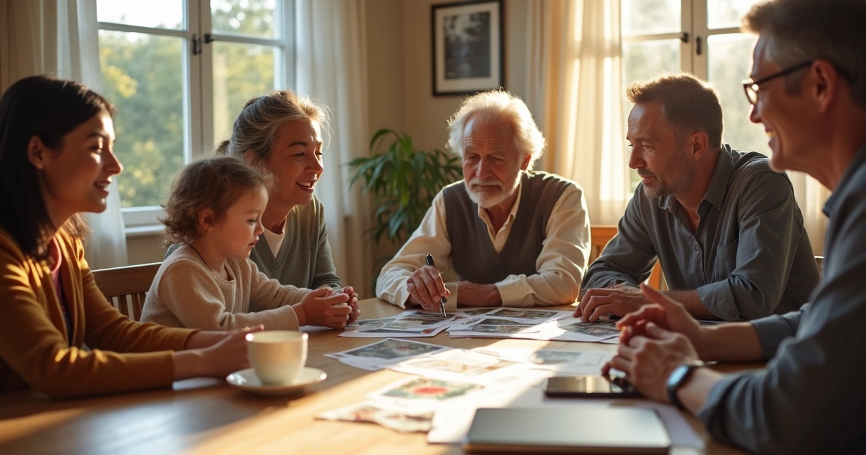 Família reunida em torno de uma mesa, conversando sobre a empresa ao lado de fotos antigas