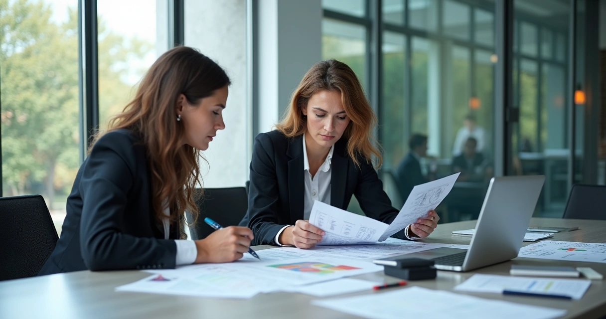 Duas mulheres e um homem analisam relatórios financeiros em sala de reunião 