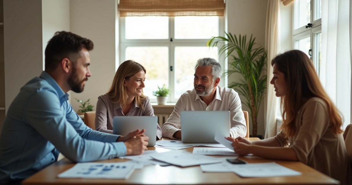 Família reunida em sala de reuniões, discutindo estratégias empresariais