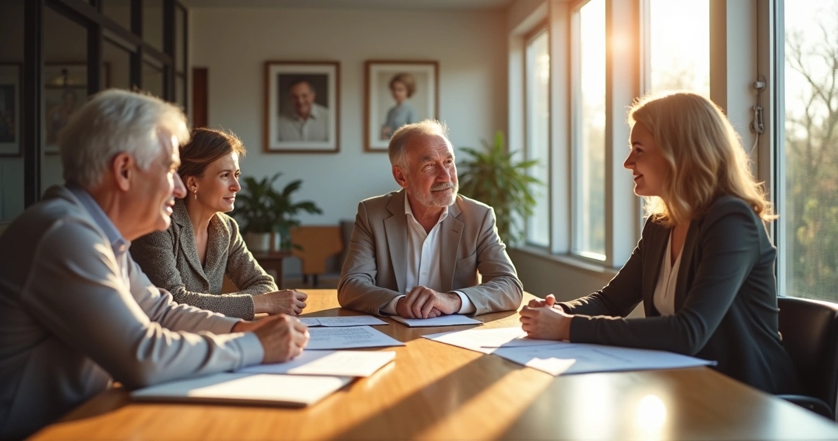Reunião de família em volta de uma mesa discutindo transição de liderança 
