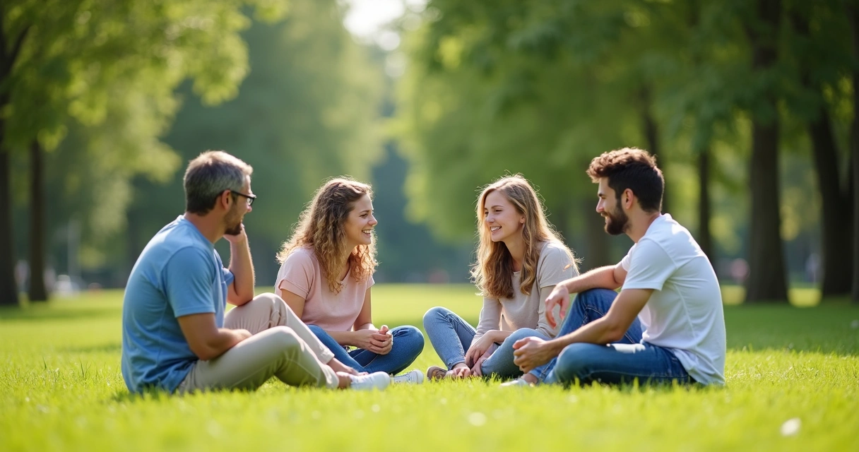 Familia sentada en círculo en el césped, conversando relajadamente