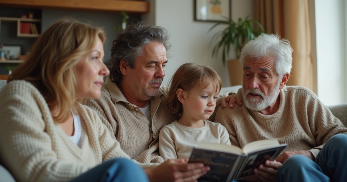 Familia sentados juntos en sala de casa