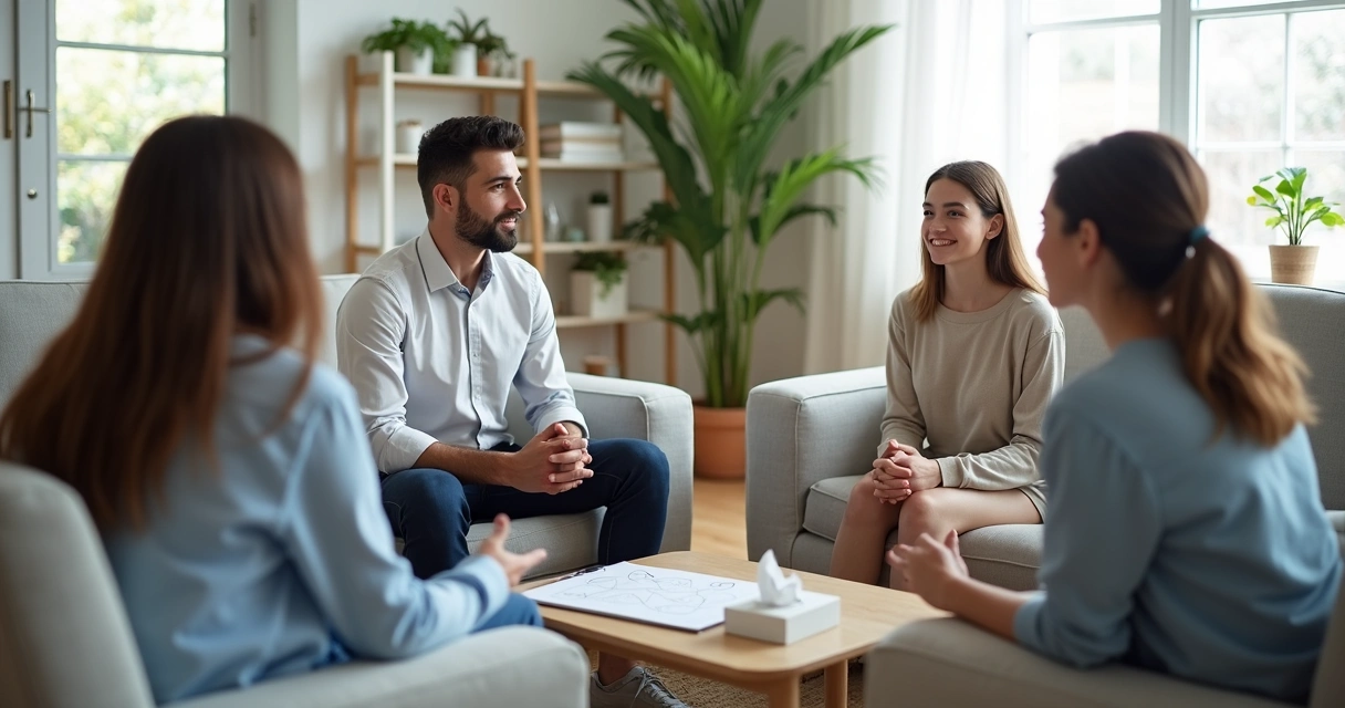 Familia sentada en círculo con terapeuta mediando un conflicto en la sala de estar 