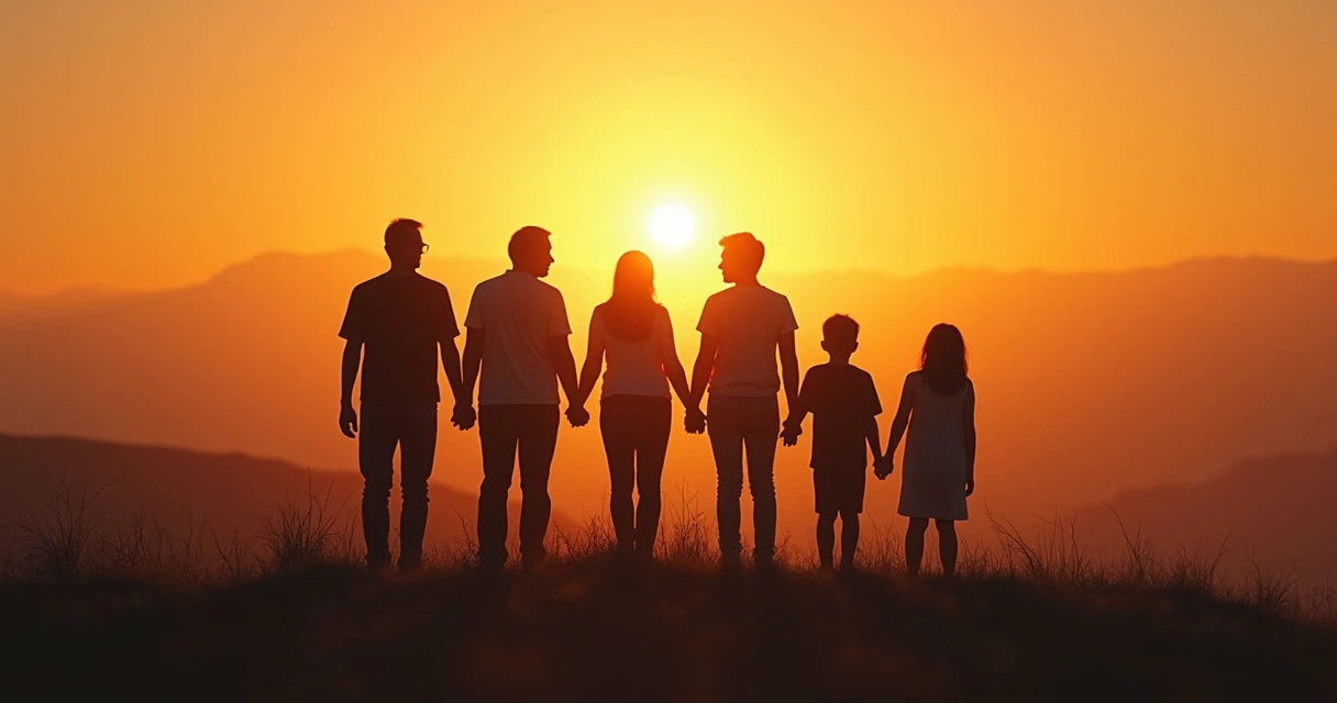 Familia reunida en contraluz sobre un paisaje amplio 